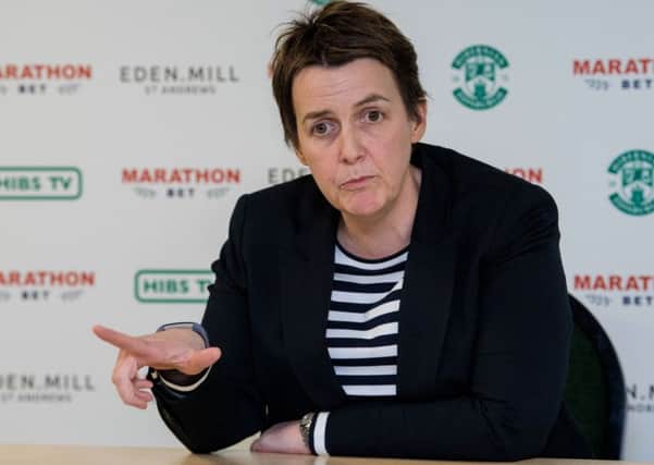 Hibs chief executive Leeann Dempster speaks to the media. Pic: SNS
