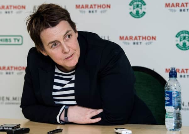 Hibs chief executive Leeann Dempster speaks to the press. Pic: SNS