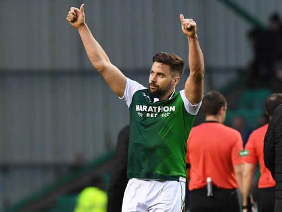 Darren McGregor shows his appreciation to the Hibs support after the 2-0 win over Hamilton
