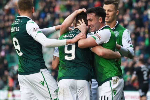 Hibs players celebrate during the 2-0 win over Hamilton. Pic: SNS