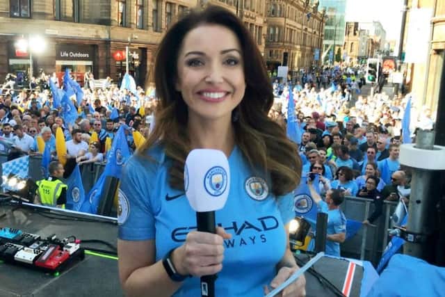 Natalie Paweleck in her working capacity as a match day presenter at Manchester City. Picture: SWNS