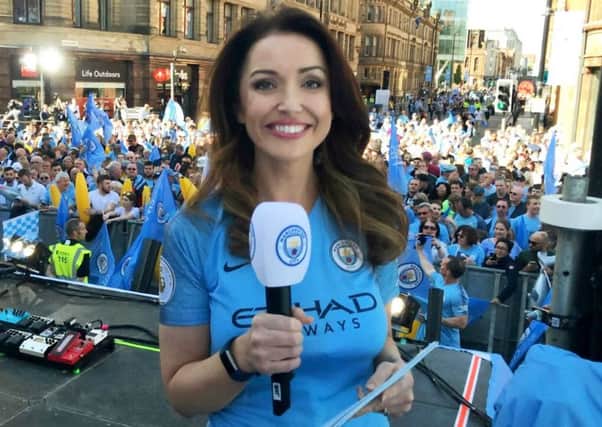 Natalie Paweleck in her working capacity as a match day presenter at Manchester City. Picture: SWNS