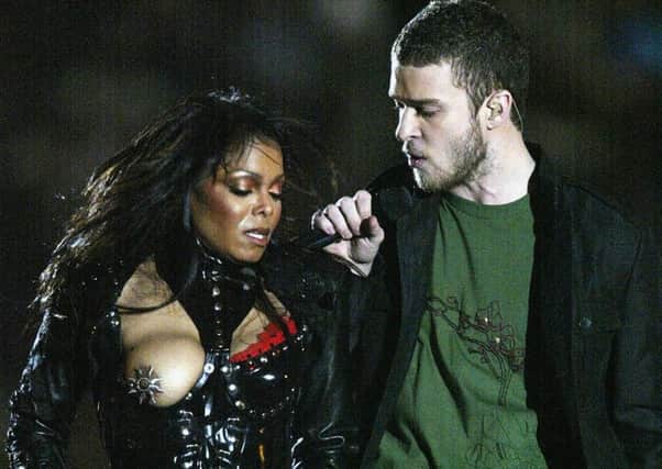 Janet Jackson has her infamous wardrobe malfunction while performing with Justin Timberlake during half time at the 2004 Superbowl. Picture: Getty