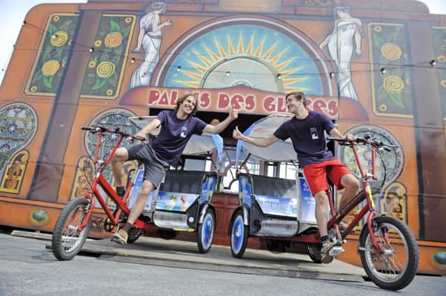 Picture shows rickshaw riders , Dave Tompkins and Chris Gibb , in front of the Spiegeltent at Fringe by the Sea in North Berwick. Pic: Phil Wilkinson