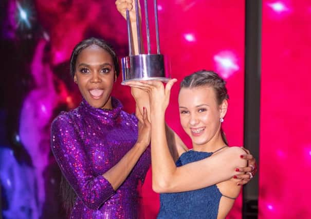 Ellie celebrates with her dance tutor Oti Mabuse. Picture: Tom Dymond