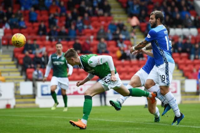 Oli Shaw stoops to head the equaliser last time out at McDiarmid Park. Picture: SNS Group