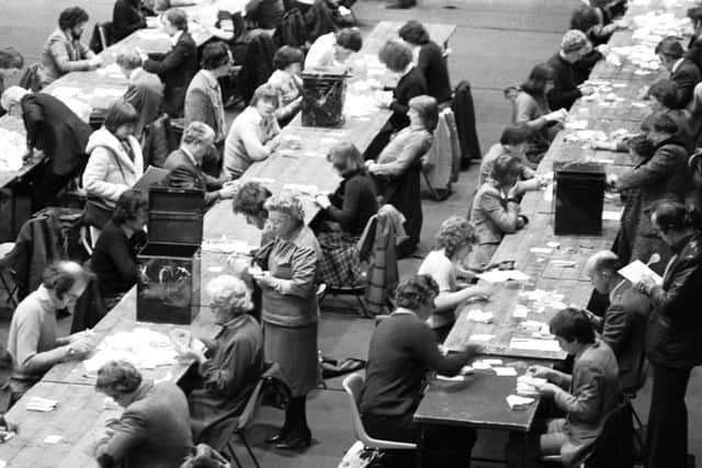 The counting hall at Meadowbank stadium in Edinburgh as the Scottish devolution referendum votes come in, March 1979.