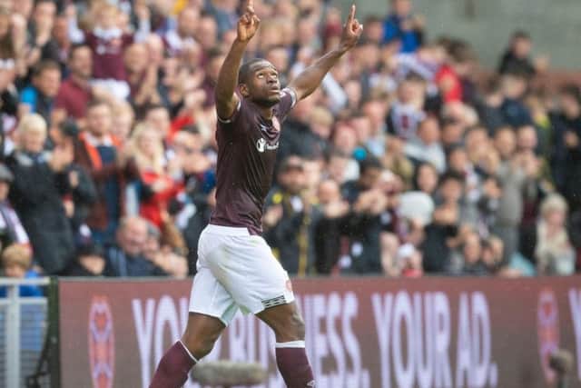 Uche Ikpeazu celebrates after scoring for Hearts against Inverness. Picture: SNS