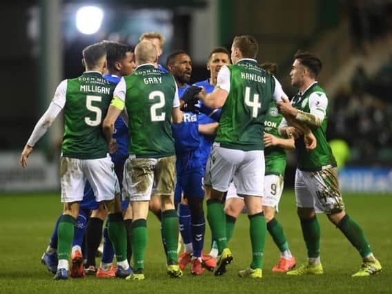 The Hibs players were in the thick of it against Rangers.