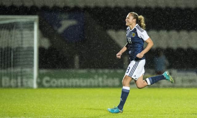 Claire Emslie in action for Scotland during a World Cup qualifier against Albania