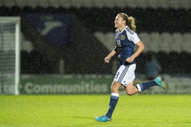 Claire Emslie in action for Scotland during a World Cup qualifier against Albania