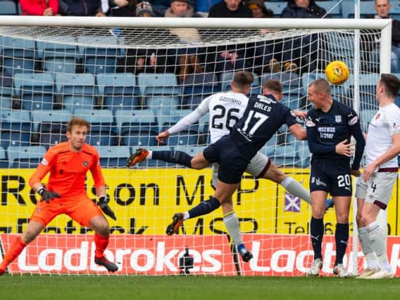 Hearts ward off a Dundee attack. Pic: SNS