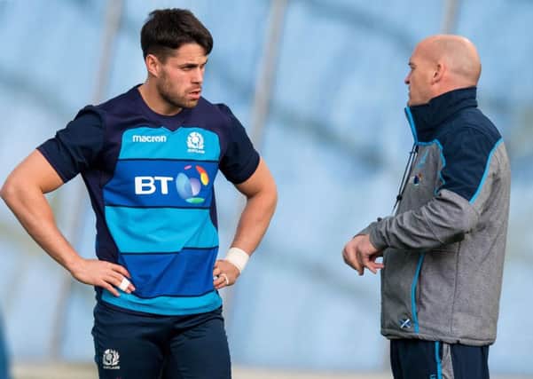 Sean Maitland in discussion with Head Coach, Gregor Townsend