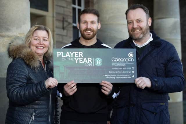 Martin Boyle promotes Hibs' Player of the Year night with Amanda and Moray Lamb of event sponsors Caledonian Heating and Plumbing. Pic: SNS