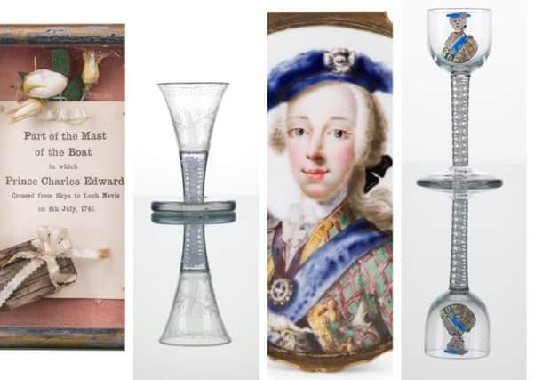 The treasures include (left to right) a piece of mast from the boat used by Bonnie Prince Charlie to leave Skye, an 18th Century firing glass, a 'secret' Jacobite snuff box and an extremely rare 18th Century glass that features a 5-colour enamel portrait of Bonnie Prince Charlie. PIC: John Paul Photography.