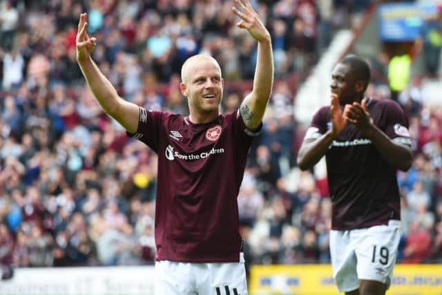 Hearts fans could be seeing more of this before the season is out, with Craig Levein hopeful of a speedy recovery for Steven Naismith. Picture: SNS Group