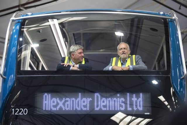 Richard Leonard and Jeremy Corbyn eschewed the back of this bus, prefering to sit up front (Picture: John Devlin)