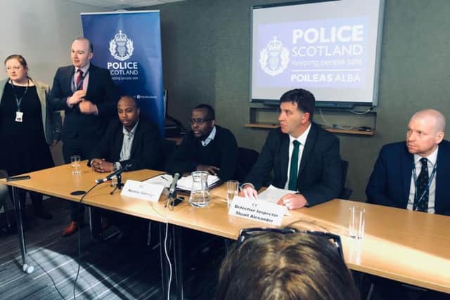 Nicolas Simenya, second from left, launching the appeal at Fettes Police Station: Picture: TSPL