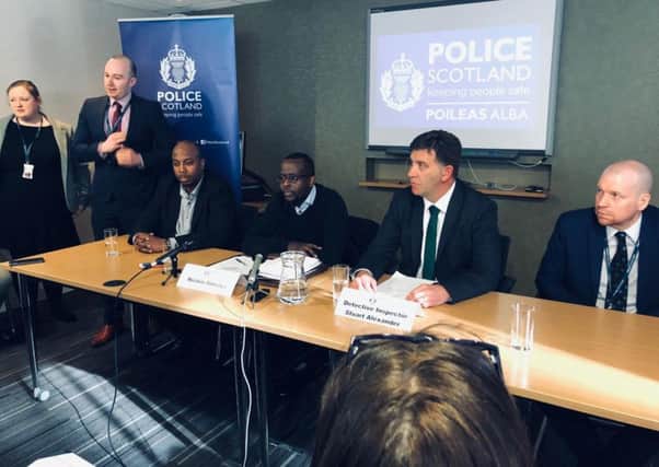 Nicolas Simenya, second from left, launching the appeal at Fettes Police Station: Picture: TSPL