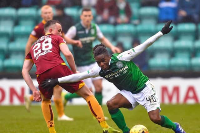 Stephane Omeonga shields the ball in midfield for Hibs. Pic: SNS