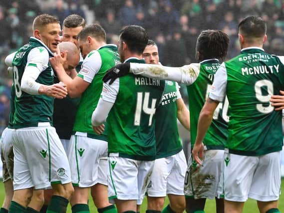 Hibs celebrate their second goal. Pic: SNS