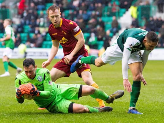 Hibs goalkeeper Ofir Marciano takes the ball during the game against Motherwell. Pic: SNS