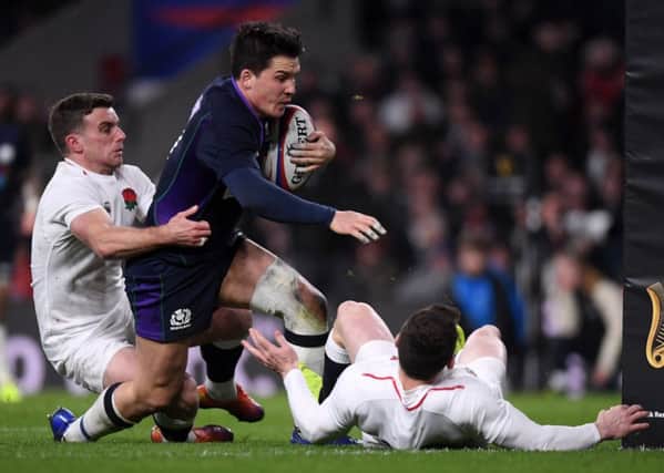 Sam Johnson crosses to score Scotland's sixth try during the 2018 Calcutta Cup clash at Twickenham. Picture: Getty Images