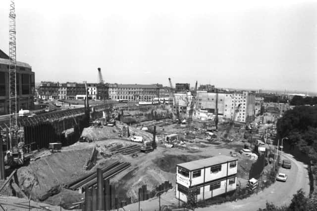 The Greenside gap-site is a massive hole in the ground at the top of Leith Walk in Edinburgh, July 1989. The site is now occupied by the Omni leisure complex and the Glasshouse hotel.