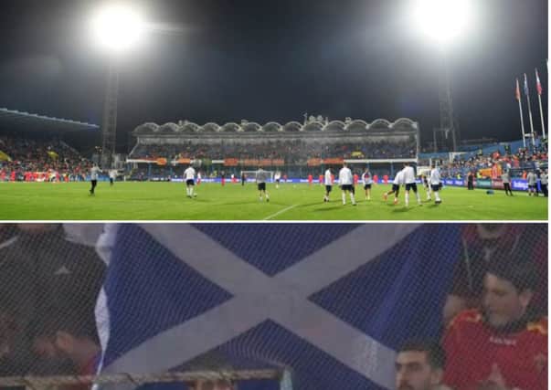 Composite image showing a general view of the Podgorica City Stadium and screengrab of the flag. Pictures: Getty images/Contributed
