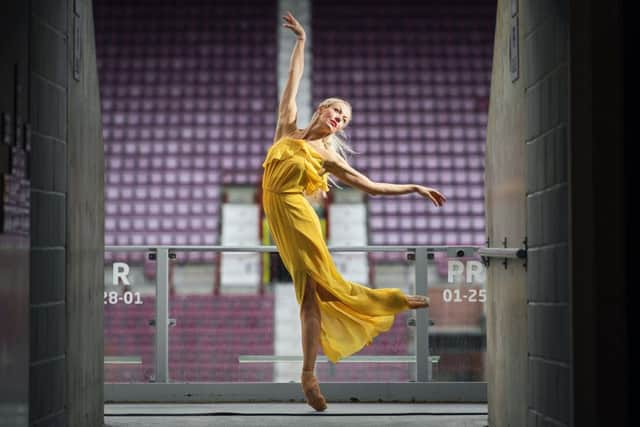 Ballet dancer Eve Mutso celebrates the launch of the 2019 Edinburgh International Festival programme at Tynecastle Park. Picture: Ian Georgeson