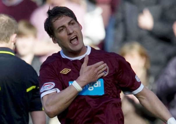 Rudi Skacel celebrates after scoring to give Hearts a two-goal cushion