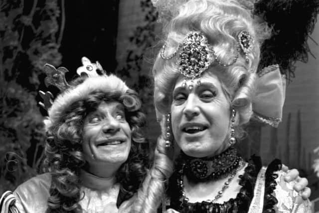 Jack Milroy as King Francie and Rikki Fulton in drag as Queen Josie in Sleeping Beauty in 1983