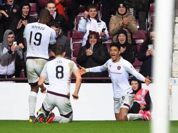Hearts players celebrate in win over Partick Thistle. Picture: SNS
