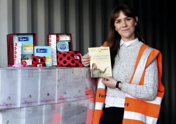 Rachel Vette with some of the free sanitary products available. Picture: Lisa Ferguson/TSPL