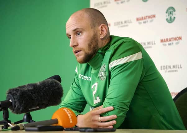 Hibs captain David Gray speaks to the media ahead of today's Edinburgh derby clash with Hearts. Pic: SNS