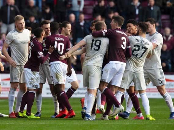 Hearts and Aberdeen players clashed at Tynecastle on Saturday
