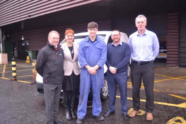 Jim Rowan (EV Specialist at Alex F Noble & Son), Sheena Stone (Edinburgh College Development Trust Manager), Joshua Middleton, Stephen Parry-Jones (Edinburgh College Fleet Manager) and Ross Milligan (Edinburgh College Engineering Curriculum Manager)