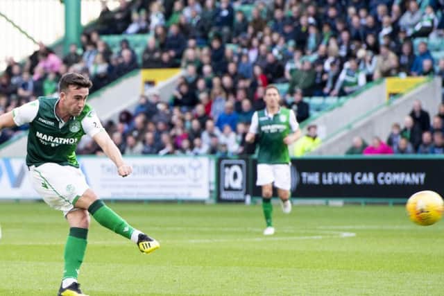 Mallan scores with a trademark effort from distance in a 6-0 win over Hamilton in October 2018. Picture: SNS Group