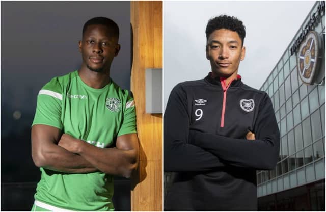 Hibs' Marvin Bartley left, and Hearts' Sean Clare. Pictures: SNS Group