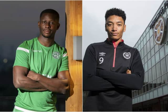 Hibs' Marvin Bartley left, and Hearts' Sean Clare. Pictures: SNS Group