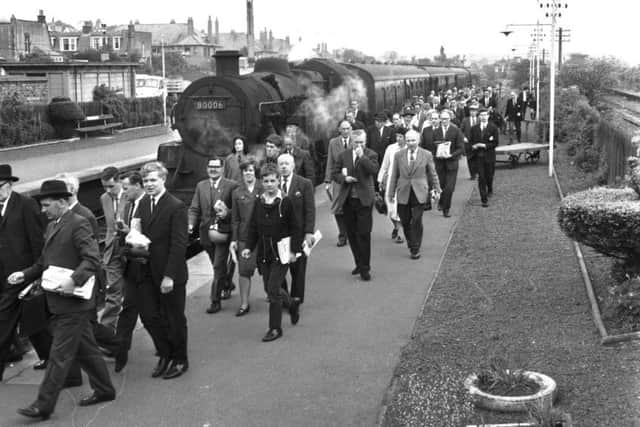 Passengers get off the train at Corstorphine Station in Edinburgh, June 1966.