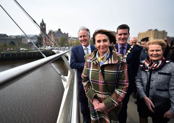 US House Speaker Nancy Pelosi, centre, on the Peace Bridge in Derry/Londonderry (Picture: Charles McQuillan/Getty Images)