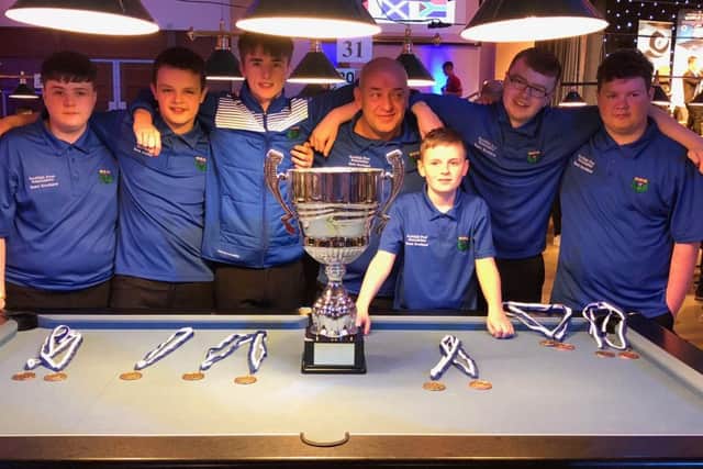 Midlothian Arran Raine far right Scotland side winners of World Championships in pool in Novemberf 2018