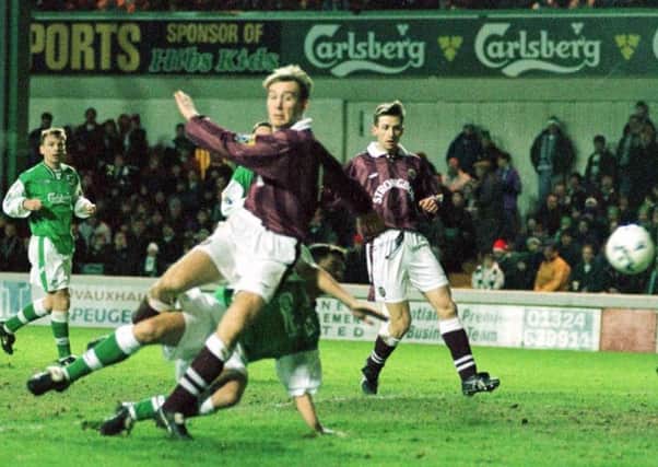 Jim Hamilton scores for Hearts at Easter Road