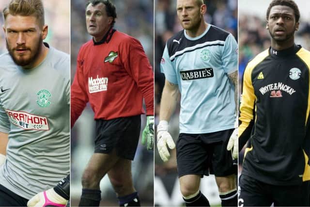 Former Hibs goalkeepers Mark Oxley, John Burridge, Graham Stack and Yves Ma-Kalambay. Pictures: SNS Group