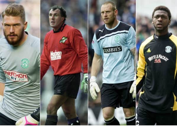 Former Hibs goalkeepers Mark Oxley, John Burridge, Graham Stack and Yves Ma-Kalambay. Pictures: SNS Group