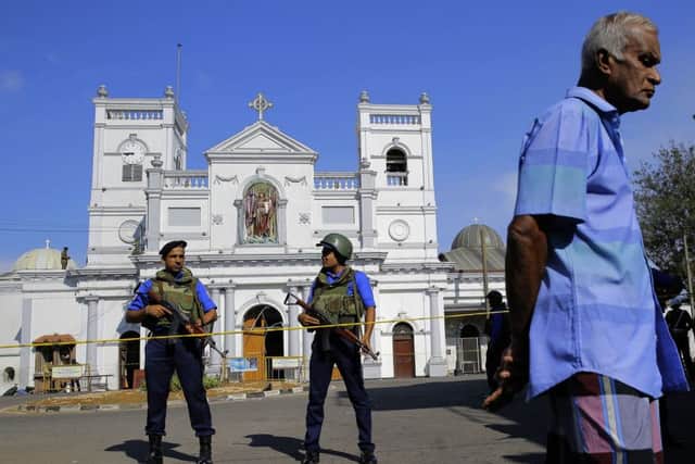Sri Lankan Navy soldiers stand guard in front of the St. Anthony's Shrine a day after the series of blasts, in Colombo, Sri Lanka, Monday, April 22, 2019. Pic: AP Photo/Eranga Jayawardena