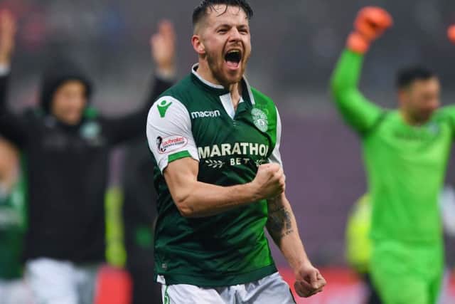 Marc McNulty celebrates after the Edinburgh derby at Tynecastle earlier this month. Picture: SNS Group
