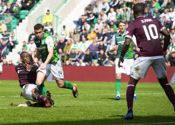 Hearts striker Uche Ikpeazu scores to make it 1-1. Picture: SNS
