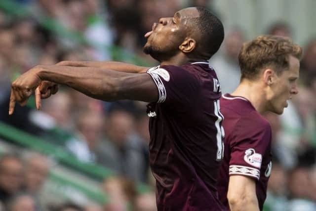 Uche Ikpeazu celebrates scoring for Hearts in Sunday's Edinburgh derby